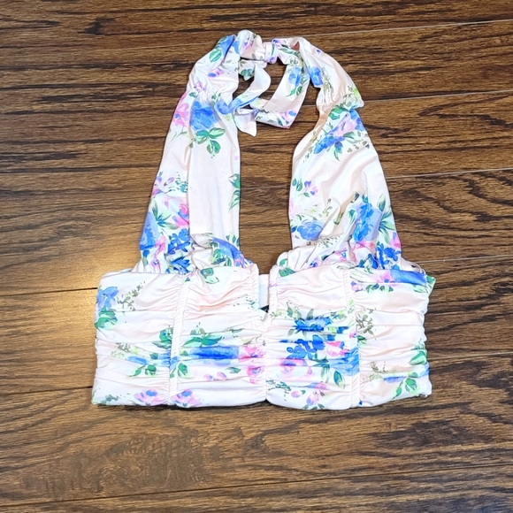 Zara NEW Halter Cropped Top Pink Purple Floral Pattern Zipper Side Size Small - Picture 4 of 15